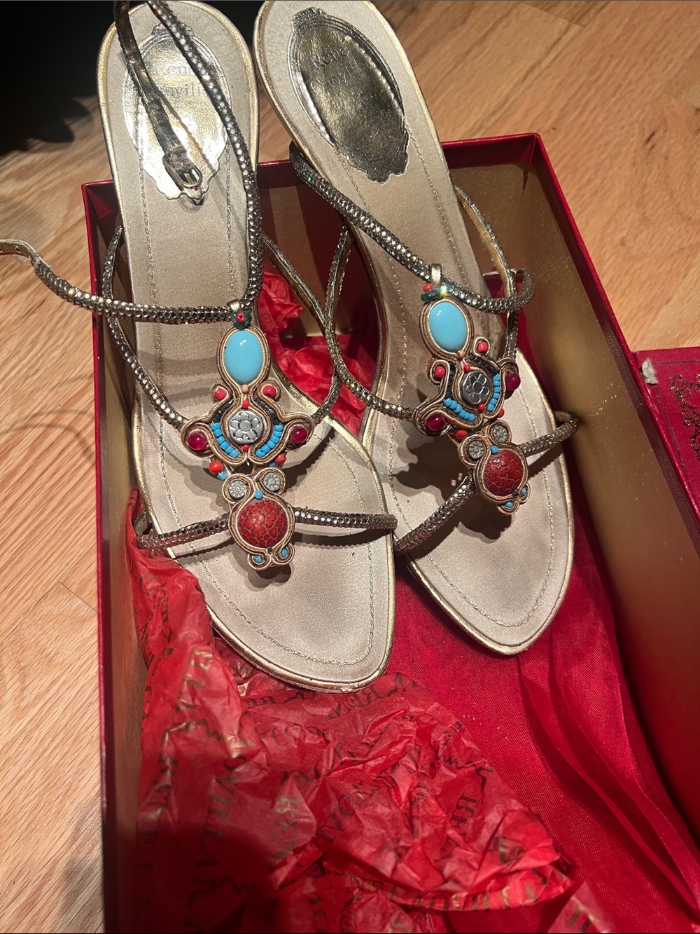 Rene Caovilla Beige Sandals with Turquoise and Red Embellishments